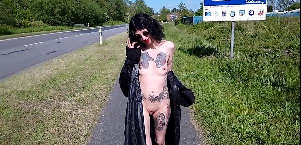  Slut Lucy Ravenblood walking nude at a public road